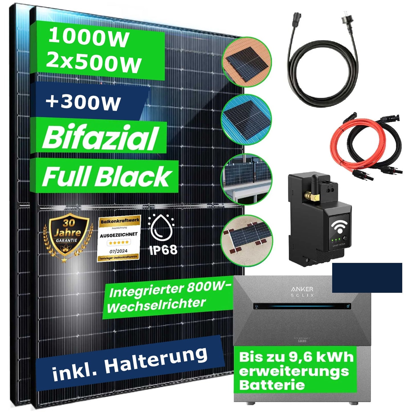 Balkonkraftwerk 1000W mit 2,7kWh Speicher und Halterung für Flachdach, Wand, Balkon und Ziegeldach