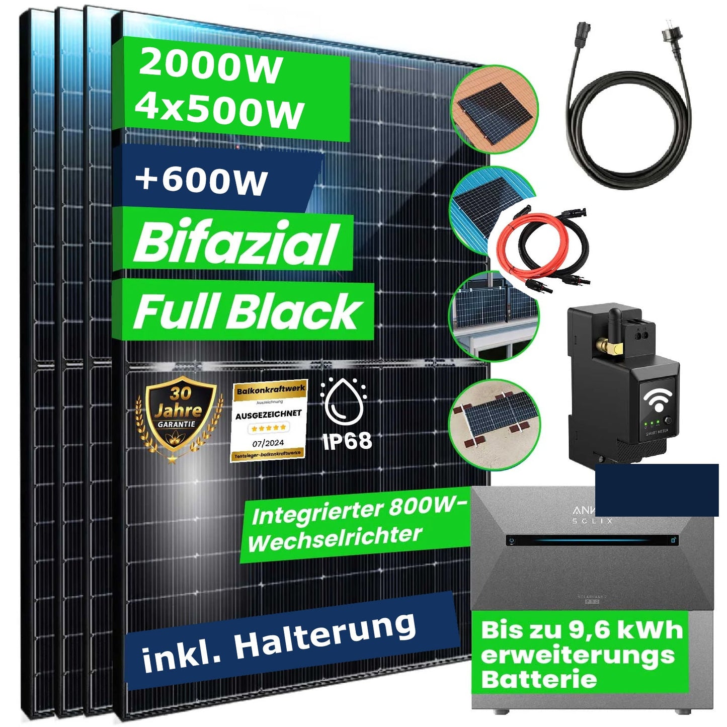 Balkonkraftwerk 2000W mit 5,4kWh Speicher und Halterung für Flachdach, Wand, Balkon und Ziegeldach